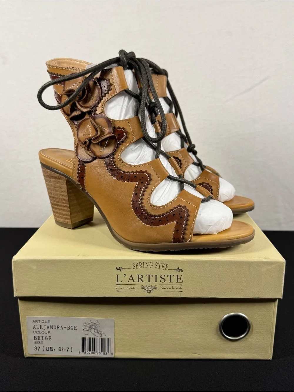 Spring Step L'Artiste Alejandra Beige Leather Ankle Strap Sandal NIB Size 37
